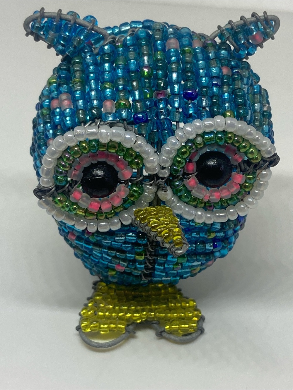 Beaded Blue Owl Figurine with Glasses